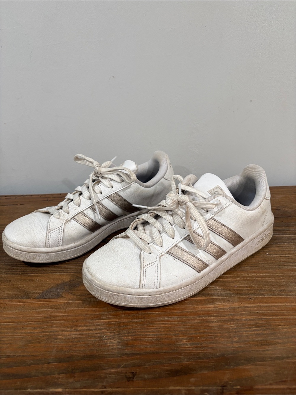 adidas White Sneakers with Metallic Rose-Gold Stripes